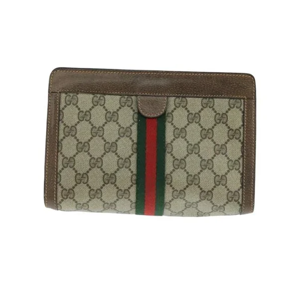 GUCCI GG Supreme Web Sherry Line Clutch Bag PVC Beige Red